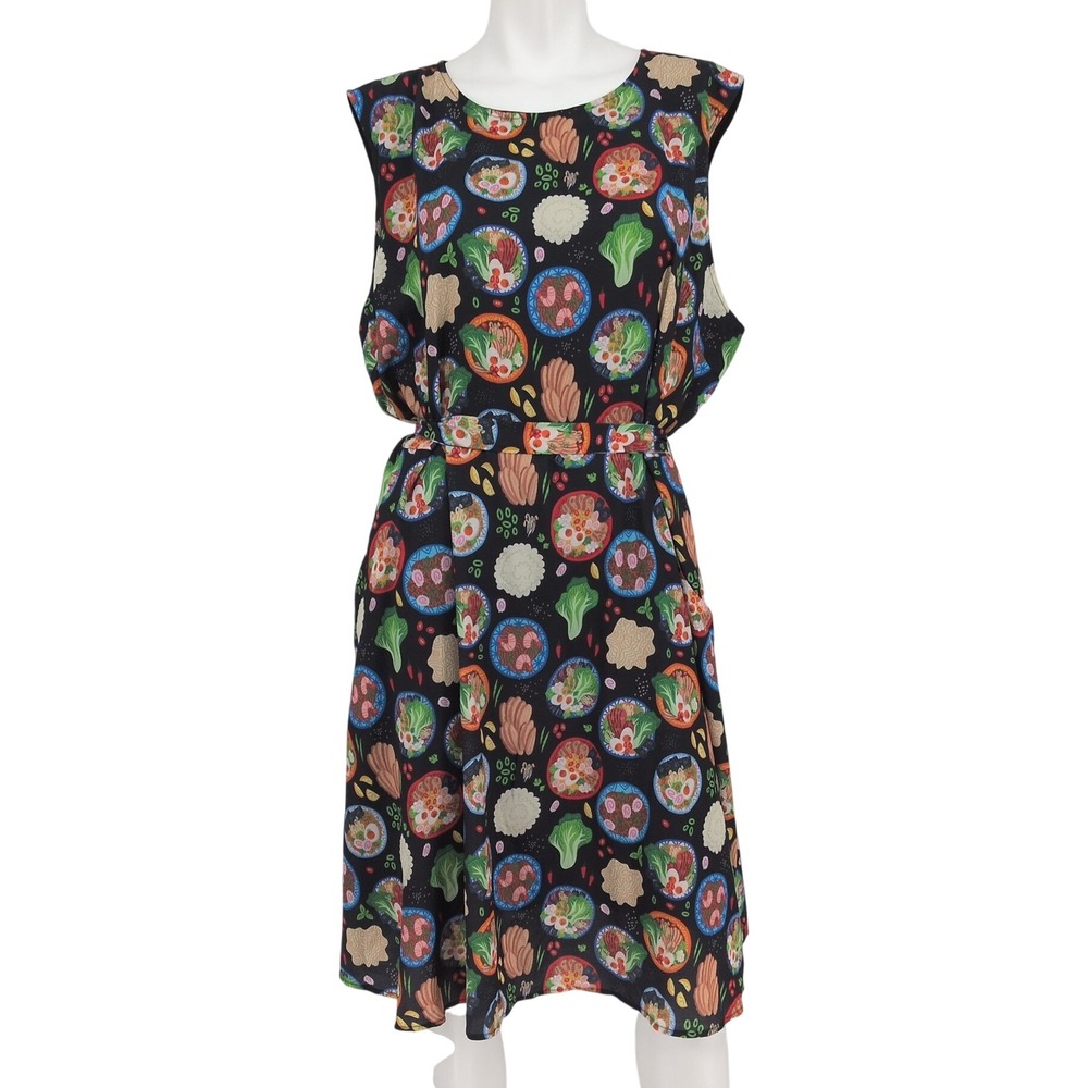 Food Ramen Print Dress Sleeveless Tie Waist Teacher Kitsch Twee Fit Flare 3XL
